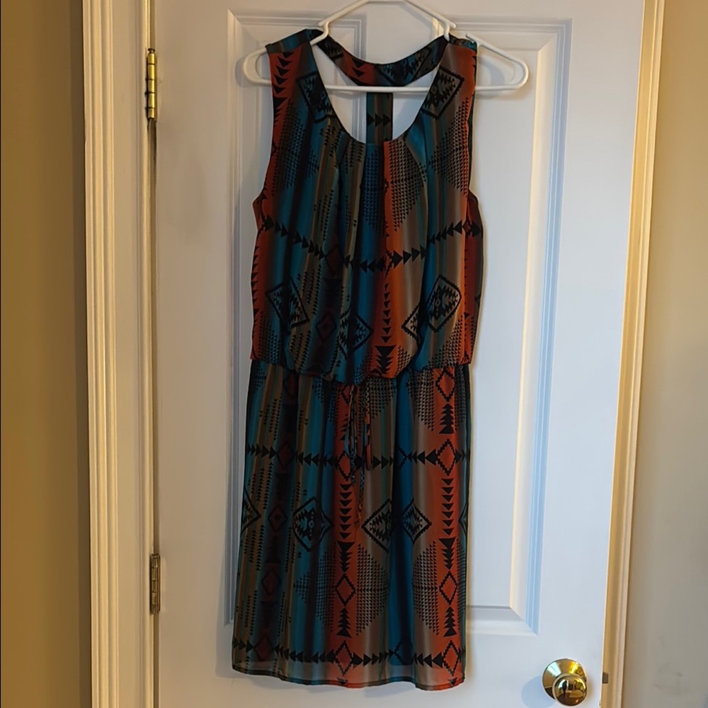 Aztec Southwestern Short Empire Waist Sleeveless - Dark Aqua and Burnt Orange